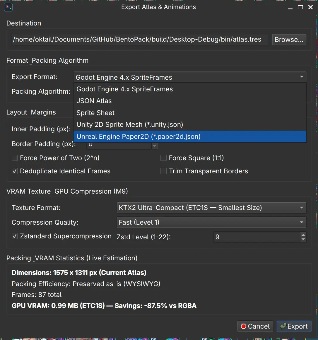 Export dialog